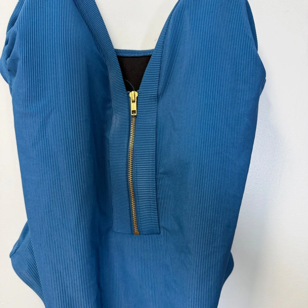 Kona‎ Sol Womens XL Blue Ribbed Front Zip One Piece Swimsuit Adjustable Straps